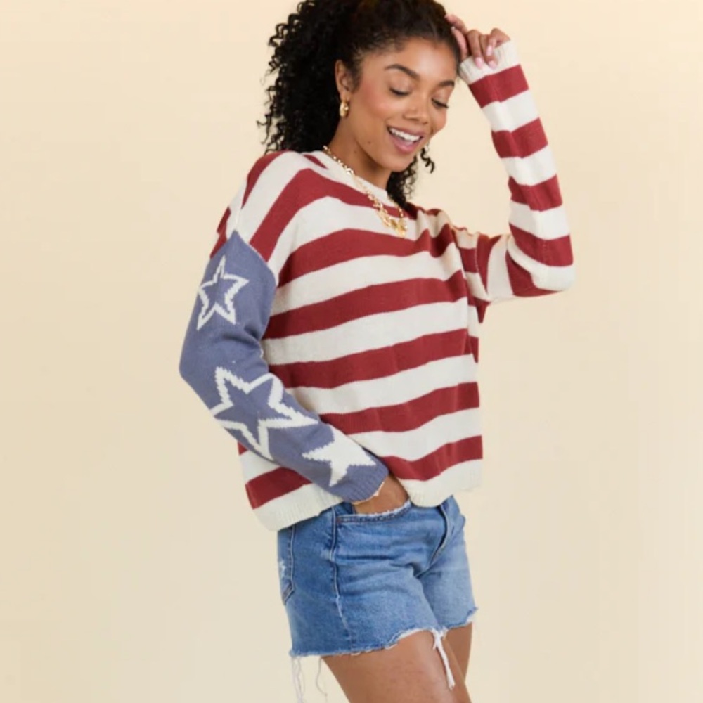 NWOT pink Lily starry eyes Stars and Stripes USA flag crewneck sweater small - Picture 2 of 9